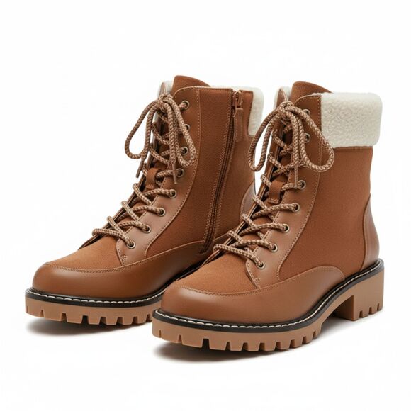 Violet & Red Womens Alexa Fleece Lined Lug Sole Leather Combat Boots 8.5 Cognac - Picture 2 of 8